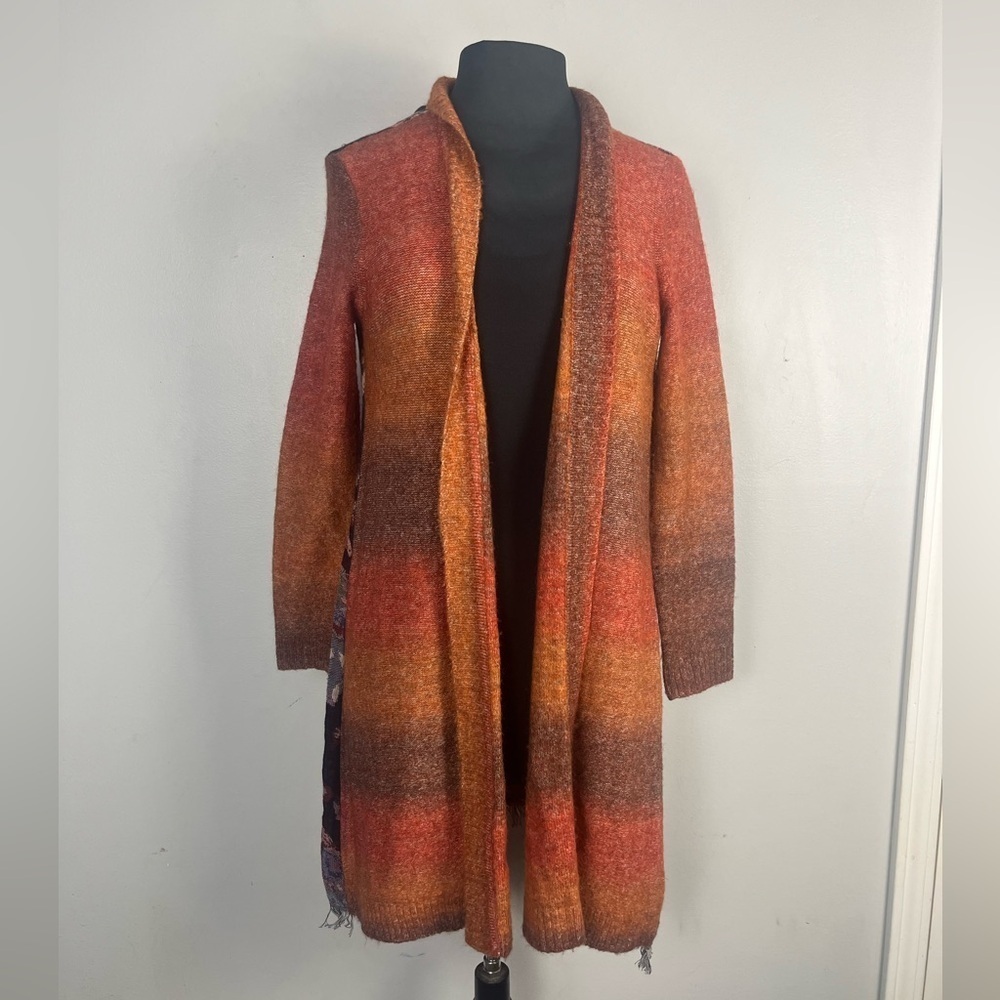 John Mark Open Duster Cardigan Sweater OMBRE Front FLORAL FRINGE Back Boho Sz S
